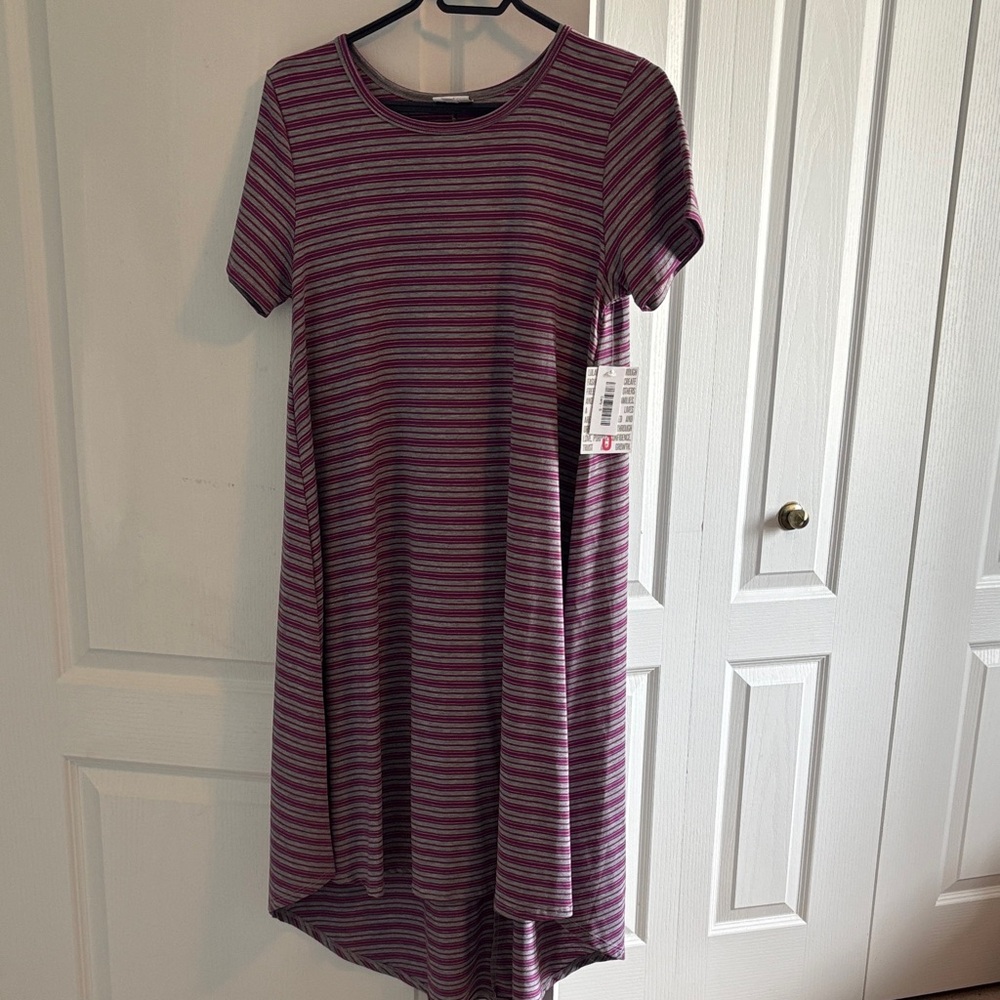 LuLaRoe Carly High Low Striped Dress in Purple and Grey